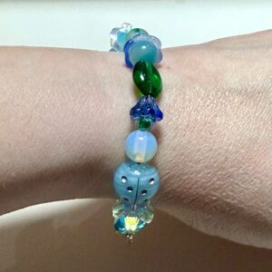 Handmade glass beaded floral bracelet  adjustable chain lobster claw clasp
